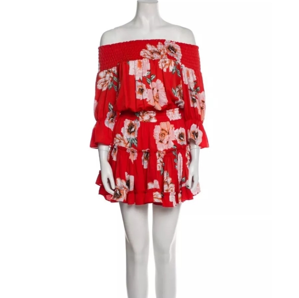 Misa Los Angeles Orange Floral Mini Dress Off Shoulder Size Large